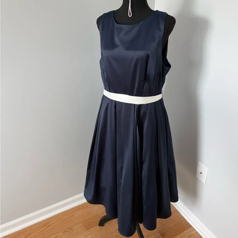 Collectif Navy Satin Formal Dress with White Belt - Picture 1 of 12